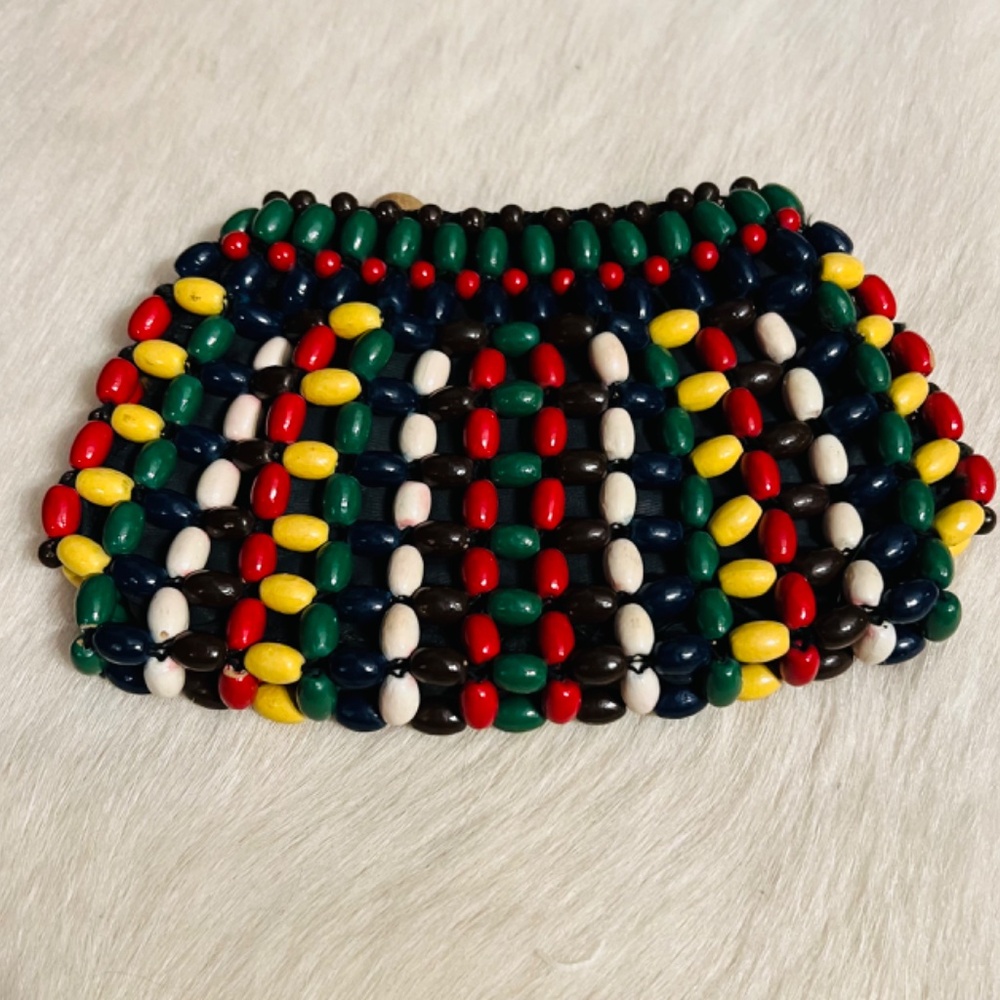 Vintage Change Purse Wooden Beads-Red Green White Black Yellow Brown Beads